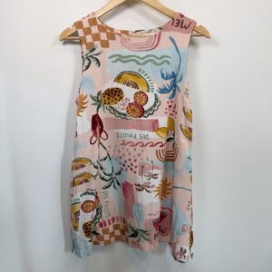 Paper Heart Dress Women Medium Pink Fruit Linen Tropical Picnic Vacation Beach